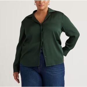 NWT Quince Washable Silk Notch Collar Blouse Forest Green (2X)